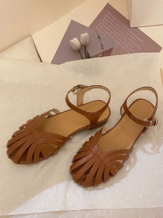 Platte Damessandalen Retro Sandalen Ronde Neus Pu-leren Met Veters