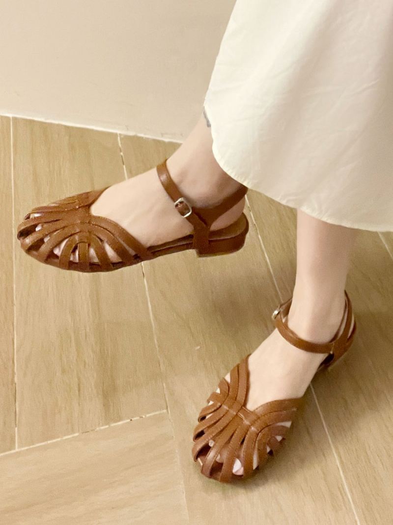 Platte Damessandalen Retro Sandalen Ronde Neus Pu-leren Met Veters - Koffiebruin