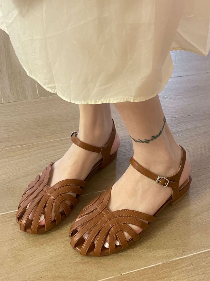 Platte Damessandalen Retro Sandalen Ronde Neus Pu-leren Met Veters - Koffiebruin