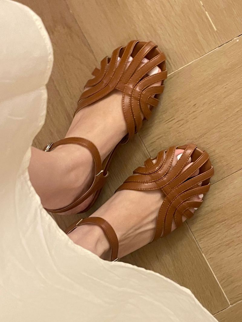 Platte Damessandalen Retro Sandalen Ronde Neus Pu-leren Met Veters - Koffiebruin