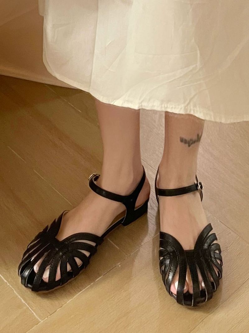 Platte Damessandalen Retro Sandalen Ronde Neus Pu-leren Met Veters - Zwart