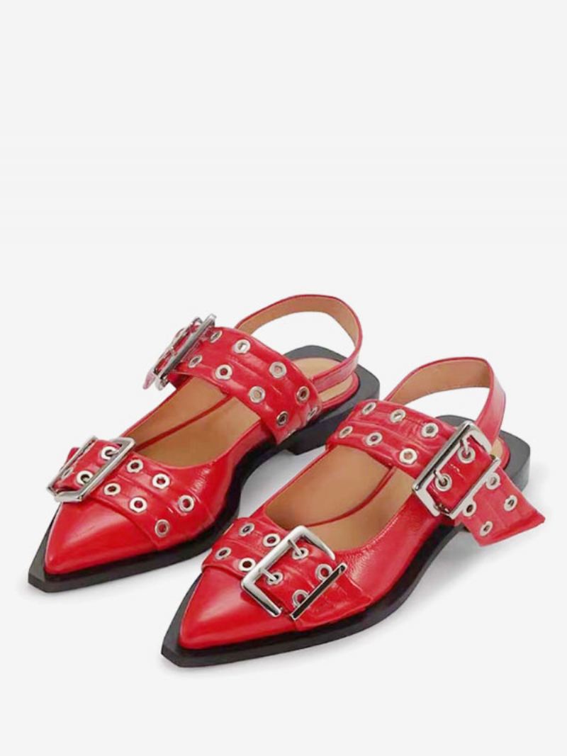 Platte Damesschoenen Met Witte Gesp Spitse Neus Slingback Ballerina's - Rood