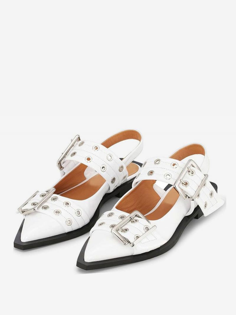 Platte Damesschoenen Met Witte Gesp Spitse Neus Slingback Ballerina's - Wit