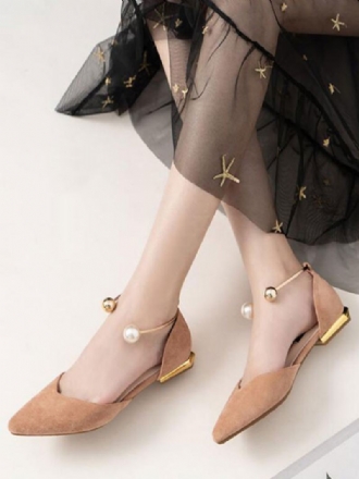 Platte Damesschoenen Nude Puntschoen Instapper Metalen Details Ballerina's Met Enkelbandje