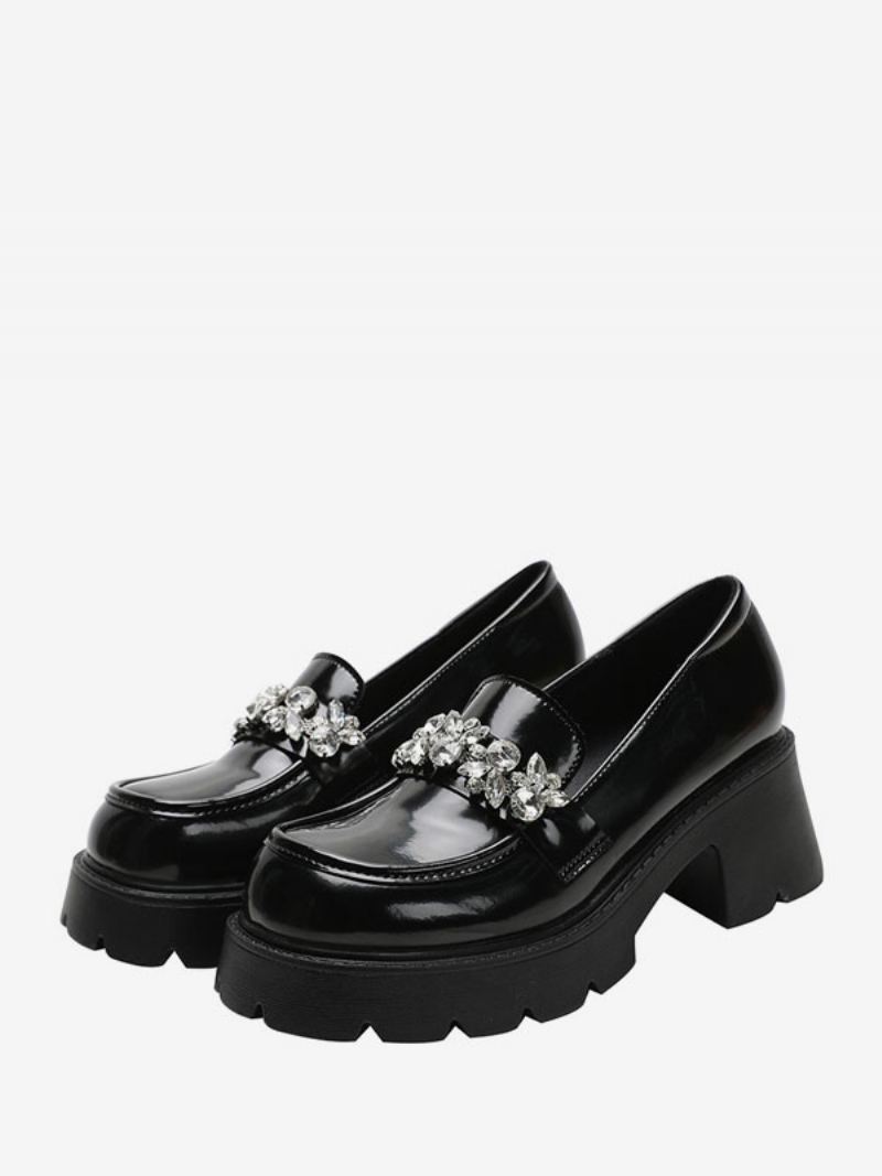 Pu-leren Loafers Met Strass Steentjes Dikke Hak Dames