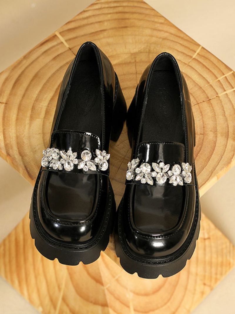 Pu-leren Loafers Met Strass Steentjes Dikke Hak Dames - Zwart