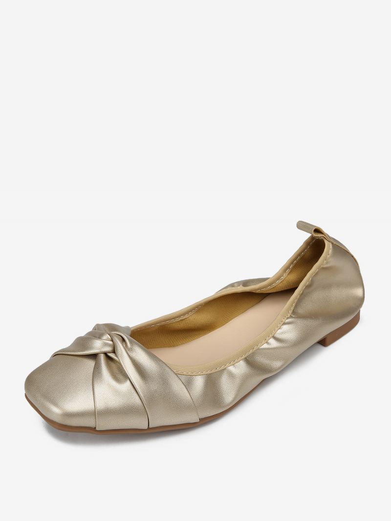 Rode Ballet Flats Dames Strikken Vierkante Teen Geknoopte Slip-on Schoenen - Goud