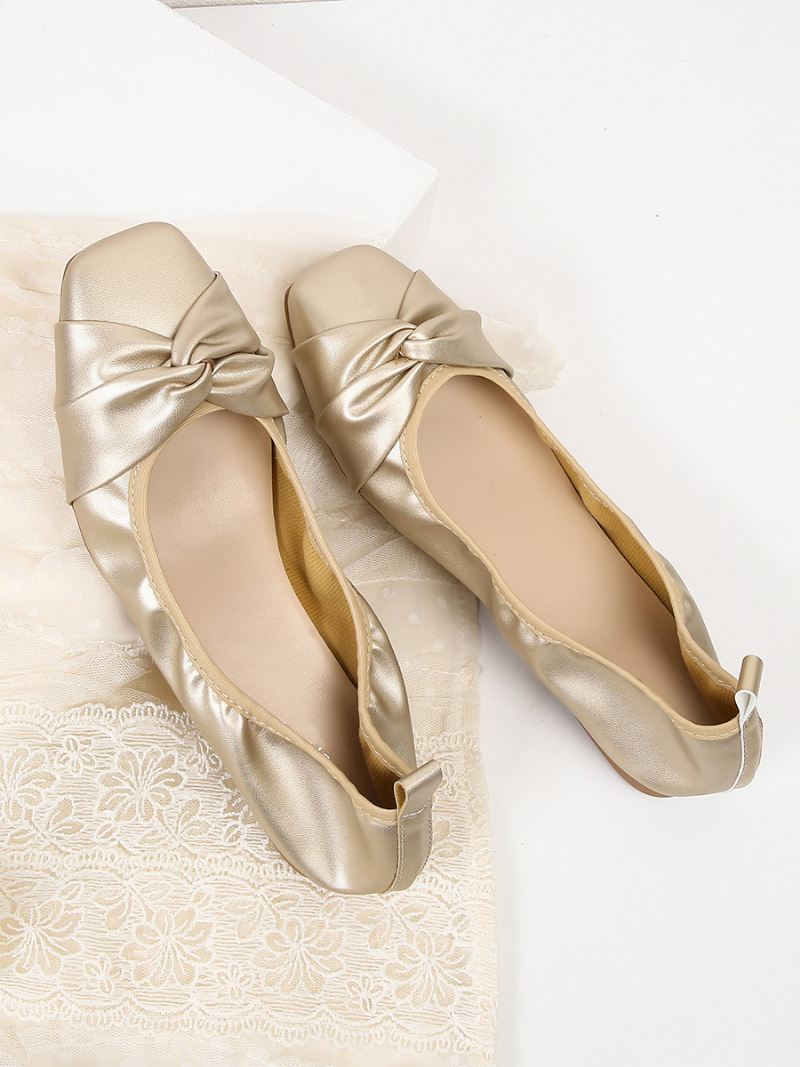 Rode Ballet Flats Dames Strikken Vierkante Teen Geknoopte Slip-on Schoenen - Goud