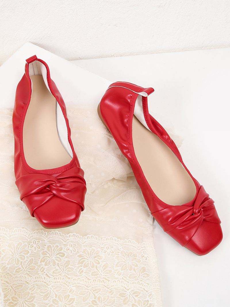 Rode Ballet Flats Dames Strikken Vierkante Teen Geknoopte Slip-on Schoenen - Rood