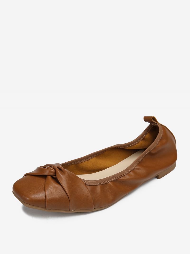 Rode Ballet Flats Dames Strikken Vierkante Teen Geknoopte Slip-on Schoenen - Koffiebruin