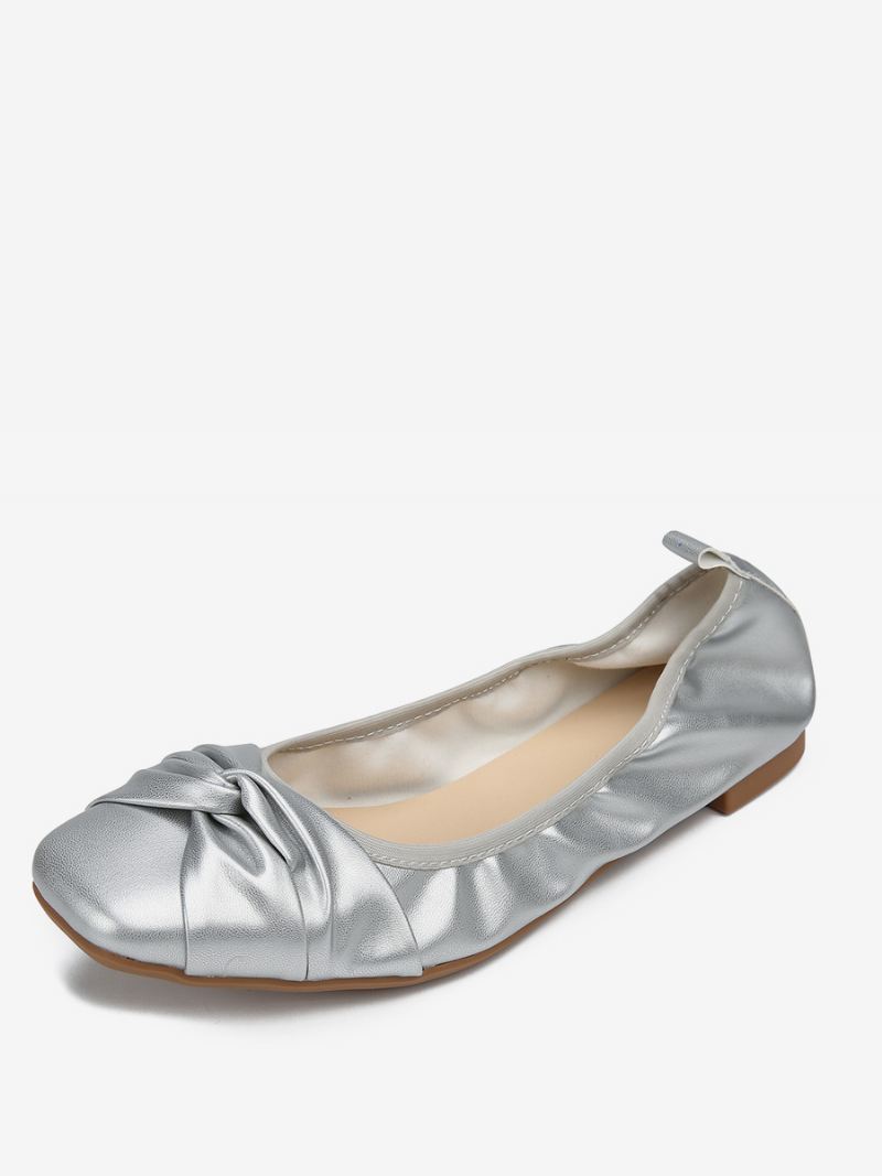 Rode Ballet Flats Dames Strikken Vierkante Teen Geknoopte Slip-on Schoenen - Zilver