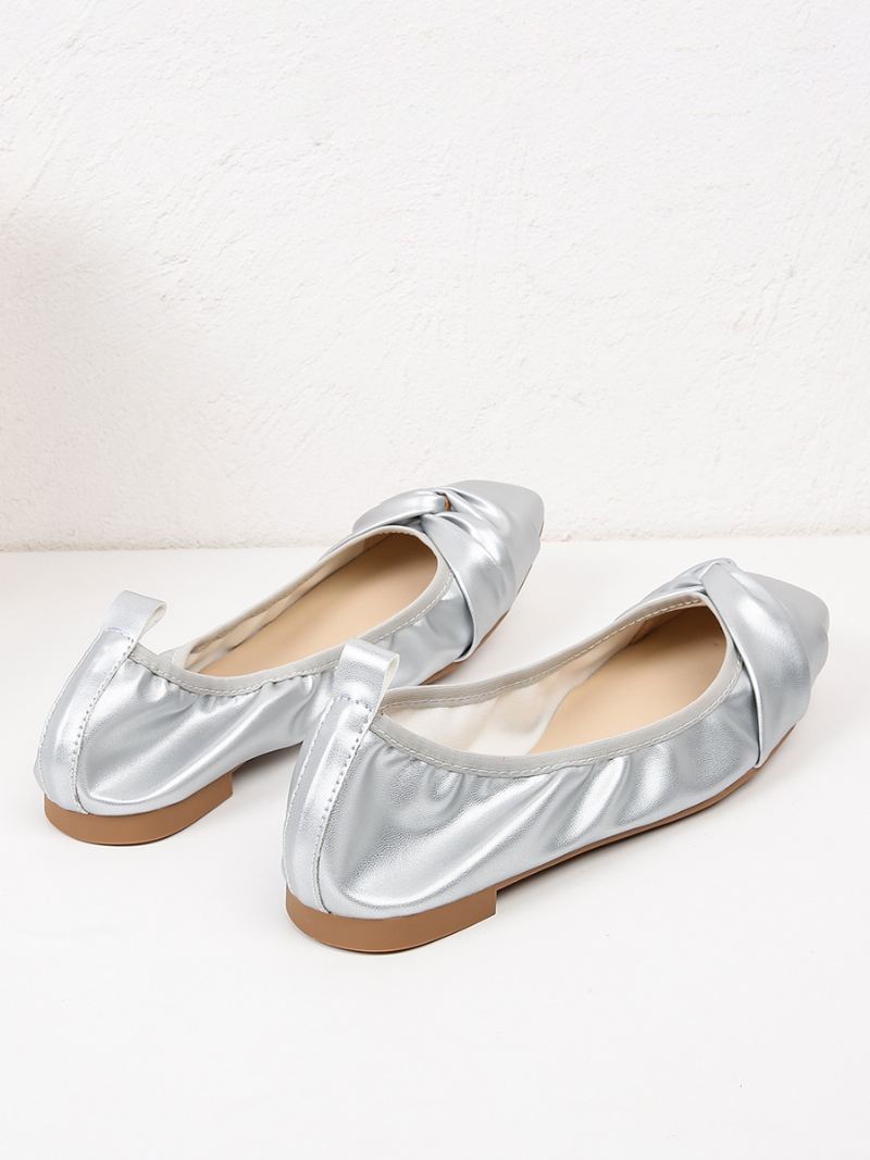 Rode Ballet Flats Dames Strikken Vierkante Teen Geknoopte Slip-on Schoenen - Zilver