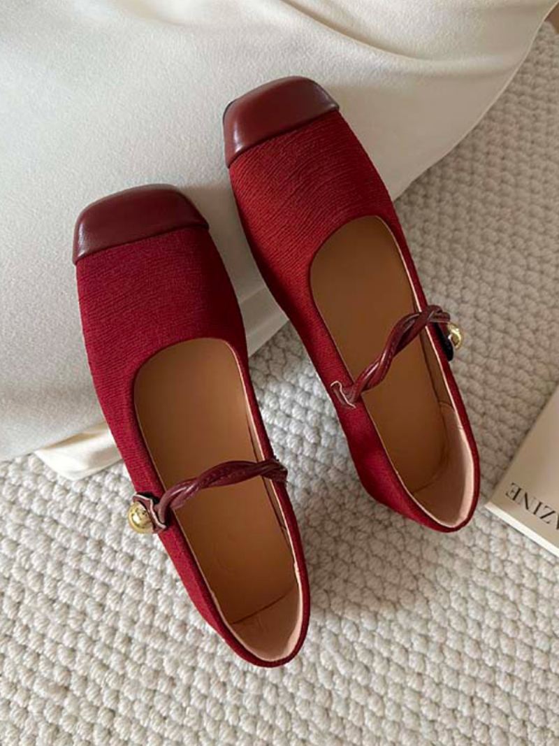 Rode Ballet Flats Dames Vierkante Teen Vintage Platte Schoenen - Bordeauxrood