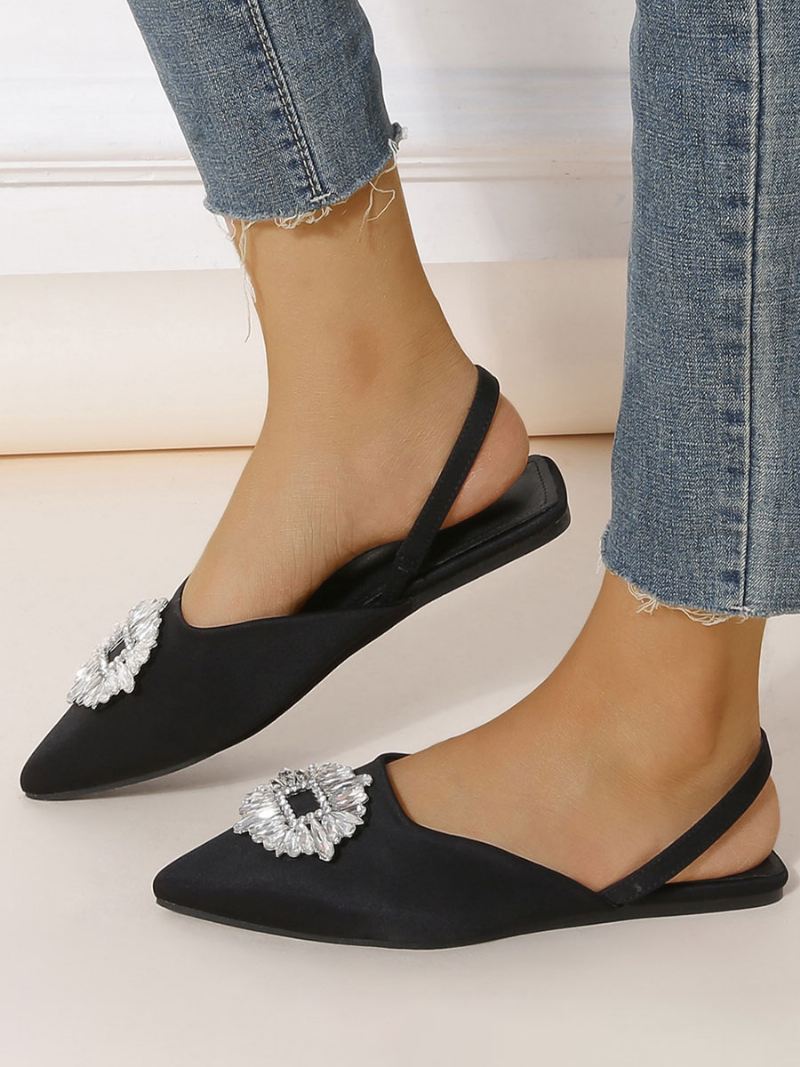 Slingback Flats Met Strass Steentjes Puntige Neus Dames - Zwart