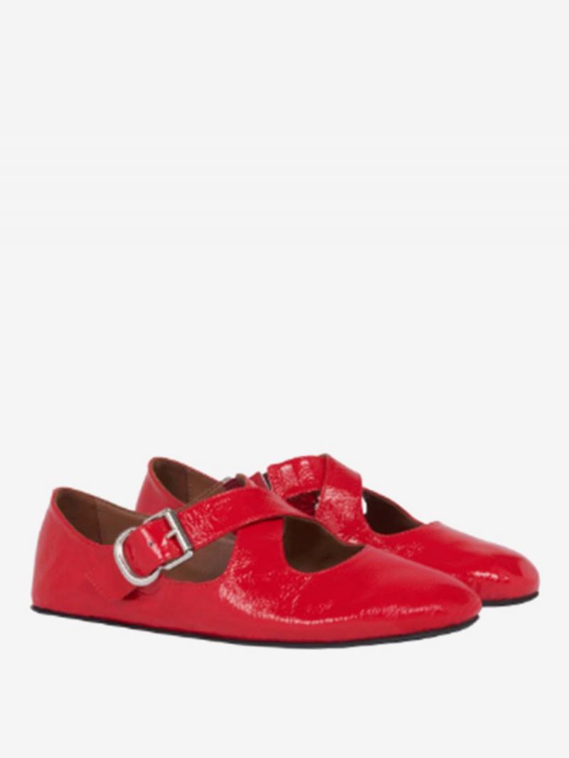 Vrouwen Zwarte Ballet Flats Gesp Ronde Neus Gekruiste Ballerina Platte Schoenen - Rood