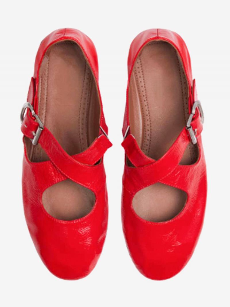 Vrouwen Zwarte Ballet Flats Gesp Ronde Neus Gekruiste Ballerina Platte Schoenen - Rood