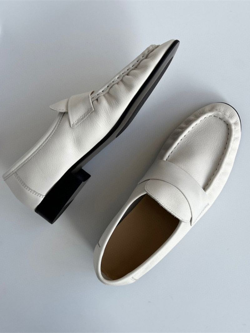 Witte Penny Loafers Dames Met Ronde Neus Platte Instapschoenen - Wit