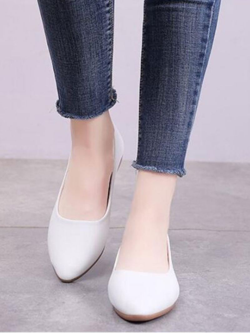 Witte Platte Schoenen Dames Pu-leren Ballerina's Met Puntige Neus