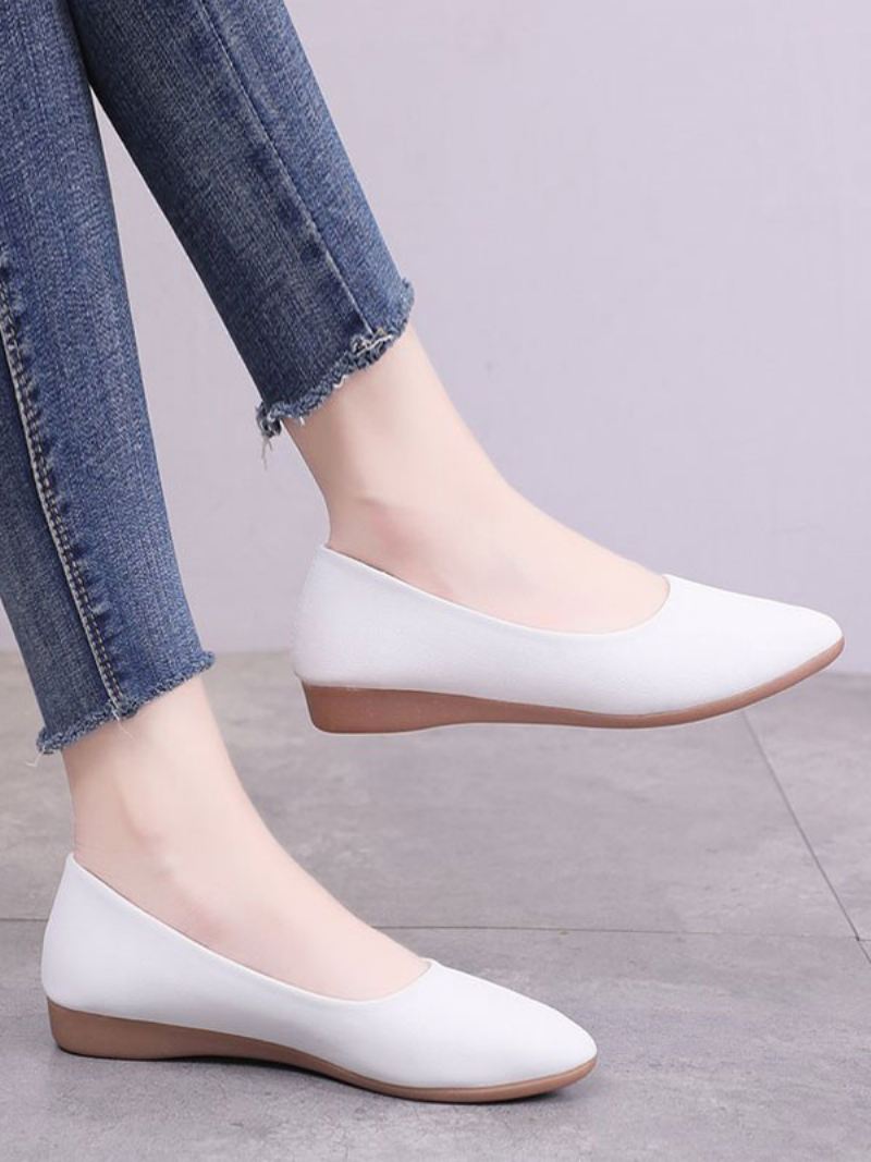 Witte Platte Schoenen Dames Pu-leren Ballerina's Met Puntige Neus - Wit