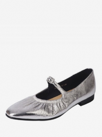 Zilveren Ballerina Flats Dames Gesp Detail Ronde Neus Ballet Platte Schoenen