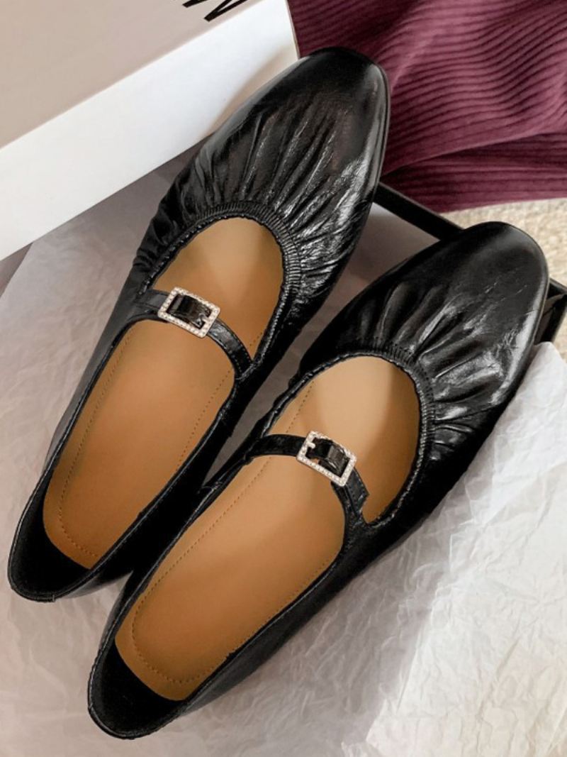 Zilveren Ballerina Flats Dames Gesp Detail Ronde Neus Ballet Platte Schoenen - Zwart