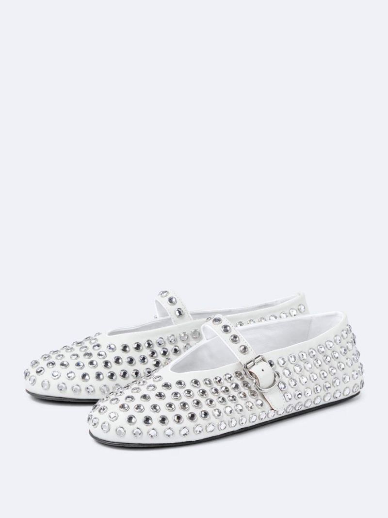 Zwarte Ballerina's Met Strass Steentjes Ronde Neus Mary Jane Platte Balletschoenen Dames - Wit