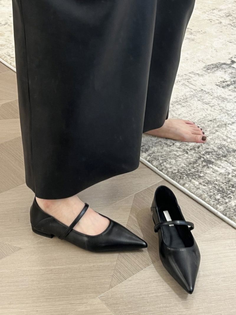 Zwarte Damesballerina's Mary Jane Platte Pumps Met Puntige Neus - Zwart