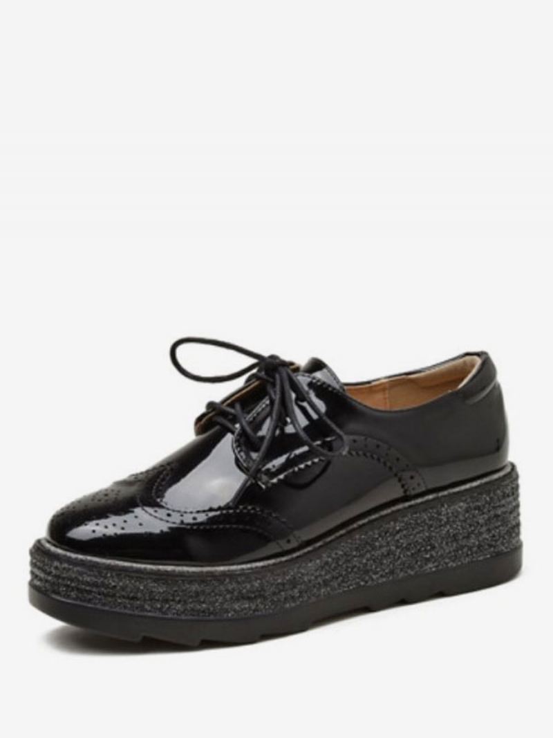 Zwarte Damesbrogues Met Vleugeltip Ronde Neus Platform-oxfords - Zwart