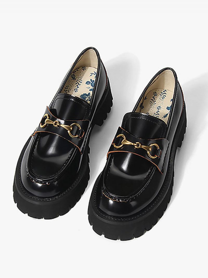 Zwarte Loafers Met Dikke Hak Pu-leer Metalen Details - Zwart