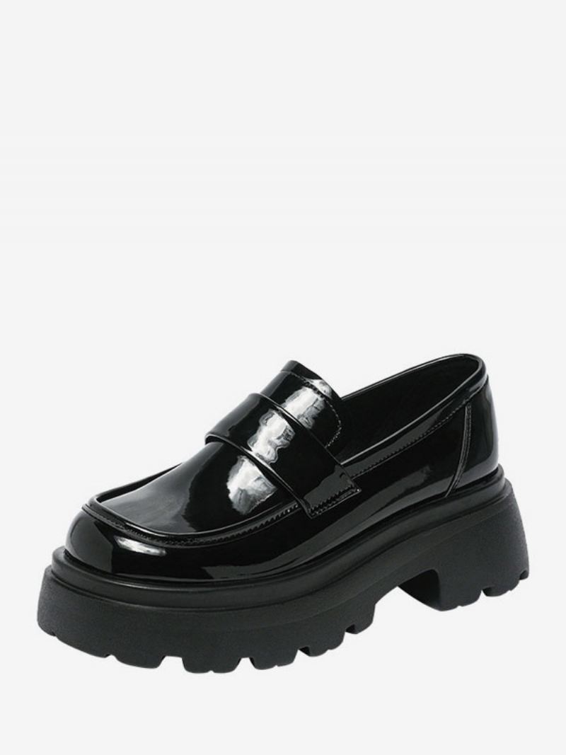 Zwarte Loafers Met Ronde Neus Dikke Hak Dames