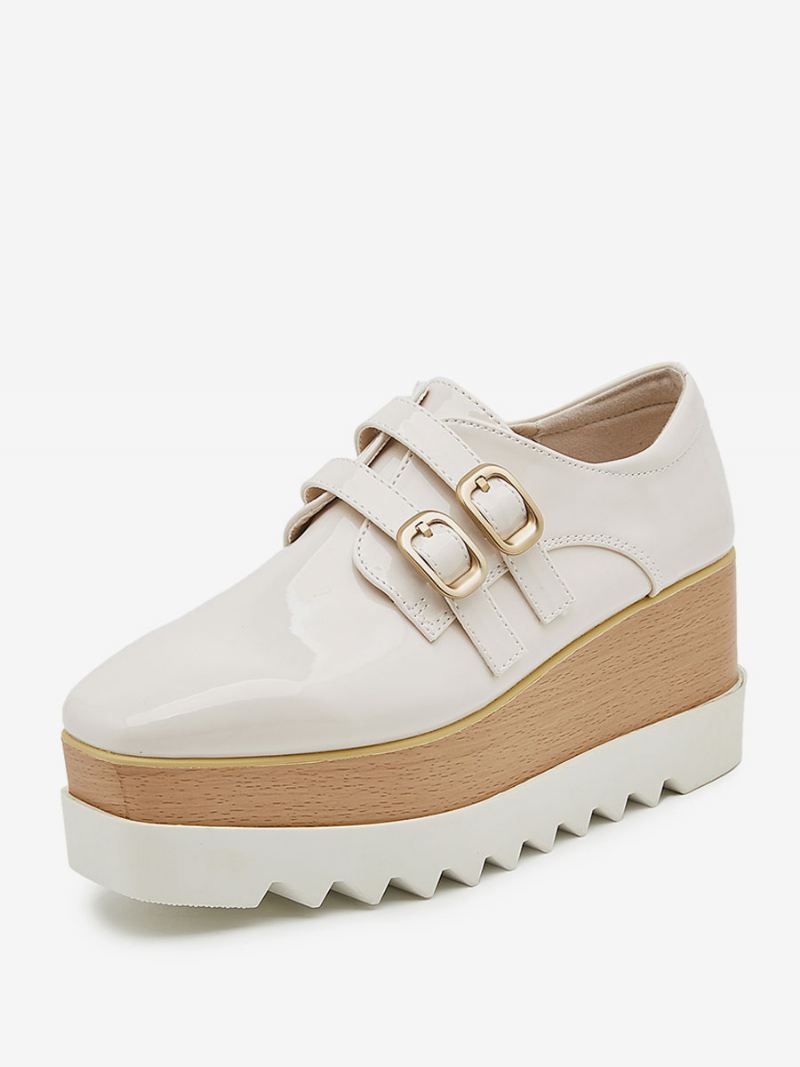 Zwarte Oxford Oxford-schoenen Dames Met Vierkante Neus Gespdetail Sleehak - Lichtgeel