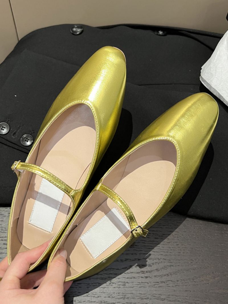 Zwarte Platte Damesschoenen Mary Jane Ballerina's Met Ronde Neus - Goud