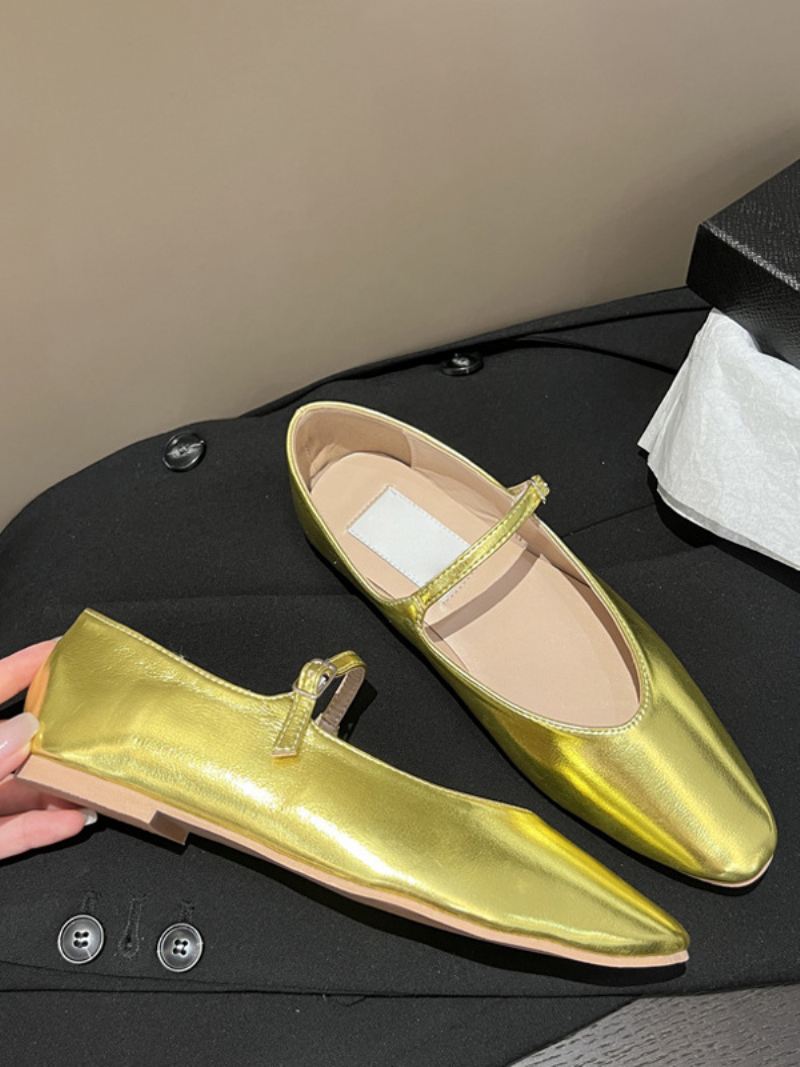 Zwarte Platte Damesschoenen Mary Jane Ballerina's Met Ronde Neus - Goud