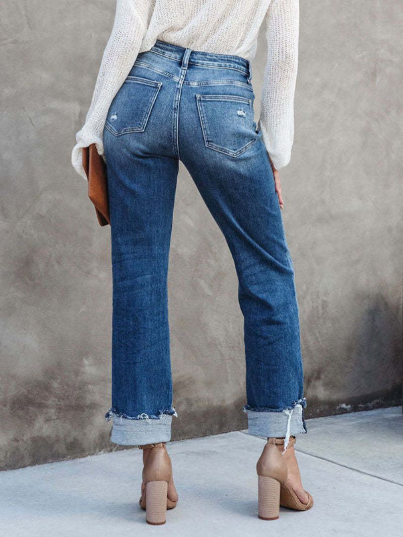 Bijgesneden Denimbroek Met Knoopsluiting Rechte Jeans Effen Kleur Dames - Blauw