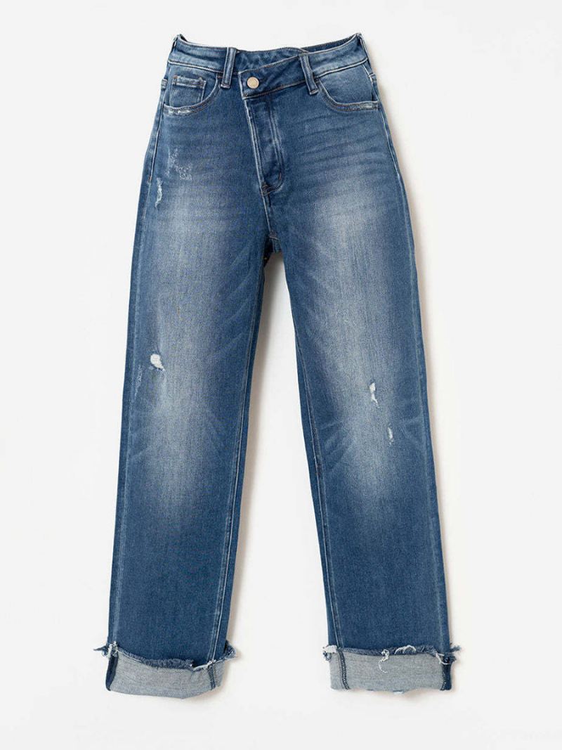 Bijgesneden Denimbroek Met Knoopsluiting Rechte Jeans Effen Kleur Dames - Blauw