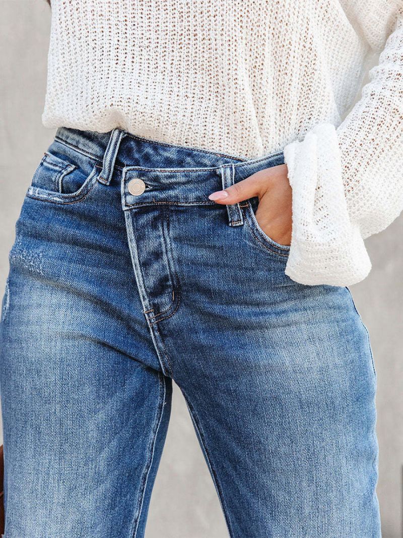 Bijgesneden Denimbroek Met Knoopsluiting Rechte Jeans Effen Kleur Dames - Blauw