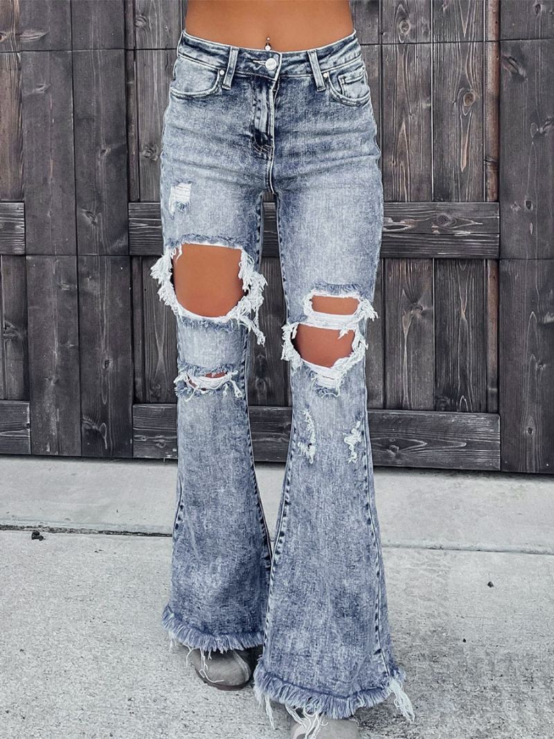 Bootcut Jeans Dames Gescheurd Katoen Met Ruwe Rand