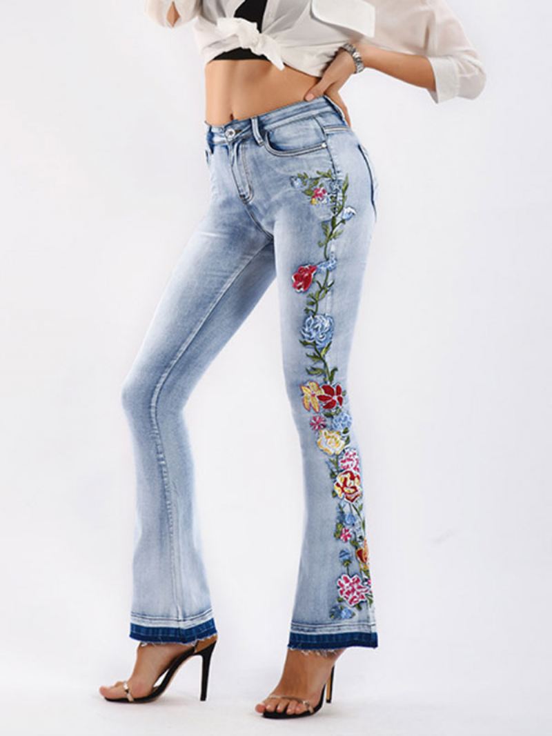 Bootcut Jeans Dames Halfhoge Geborduurde Flare-broeken - Blauw