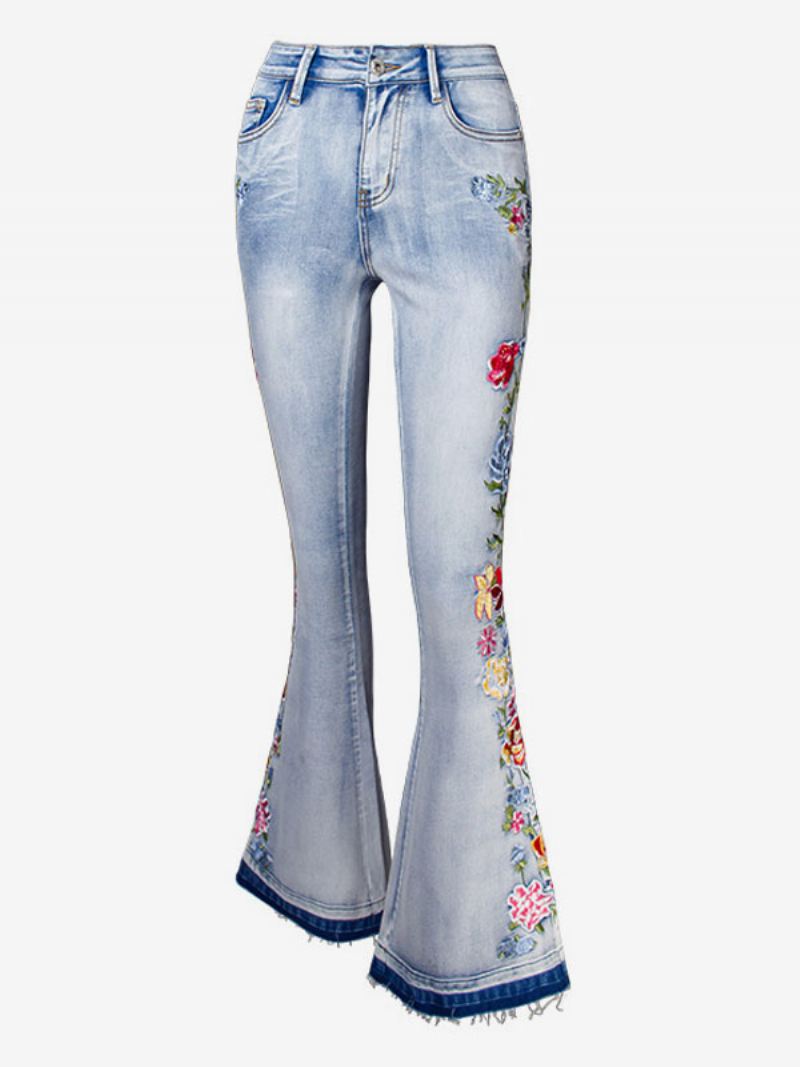 Bootcut Jeans Dames Halfhoge Geborduurde Flare-broeken - Blauw