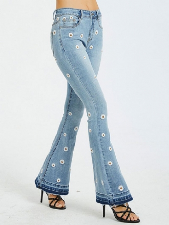 Bootcut-jeans Dames Met Madeliefjes Geborduurde Mid-rise Flare-broeken