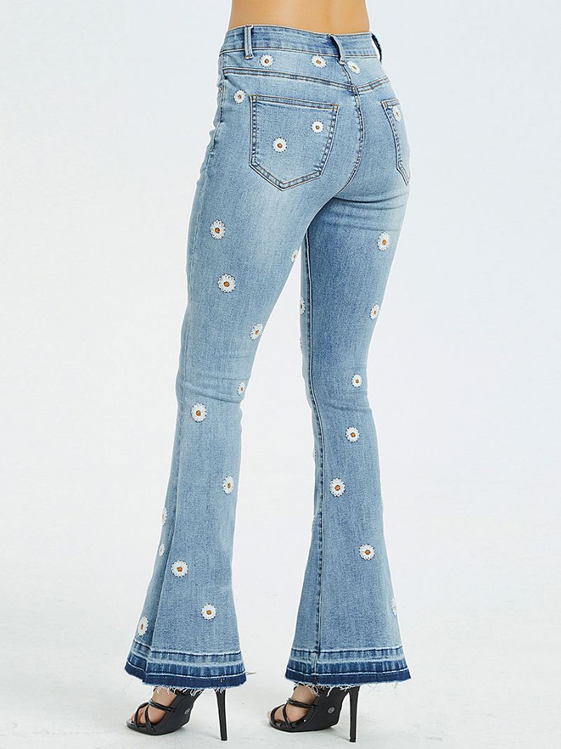 Bootcut-jeans Dames Met Madeliefjes Geborduurde Mid-rise Flare-broeken - Blauw