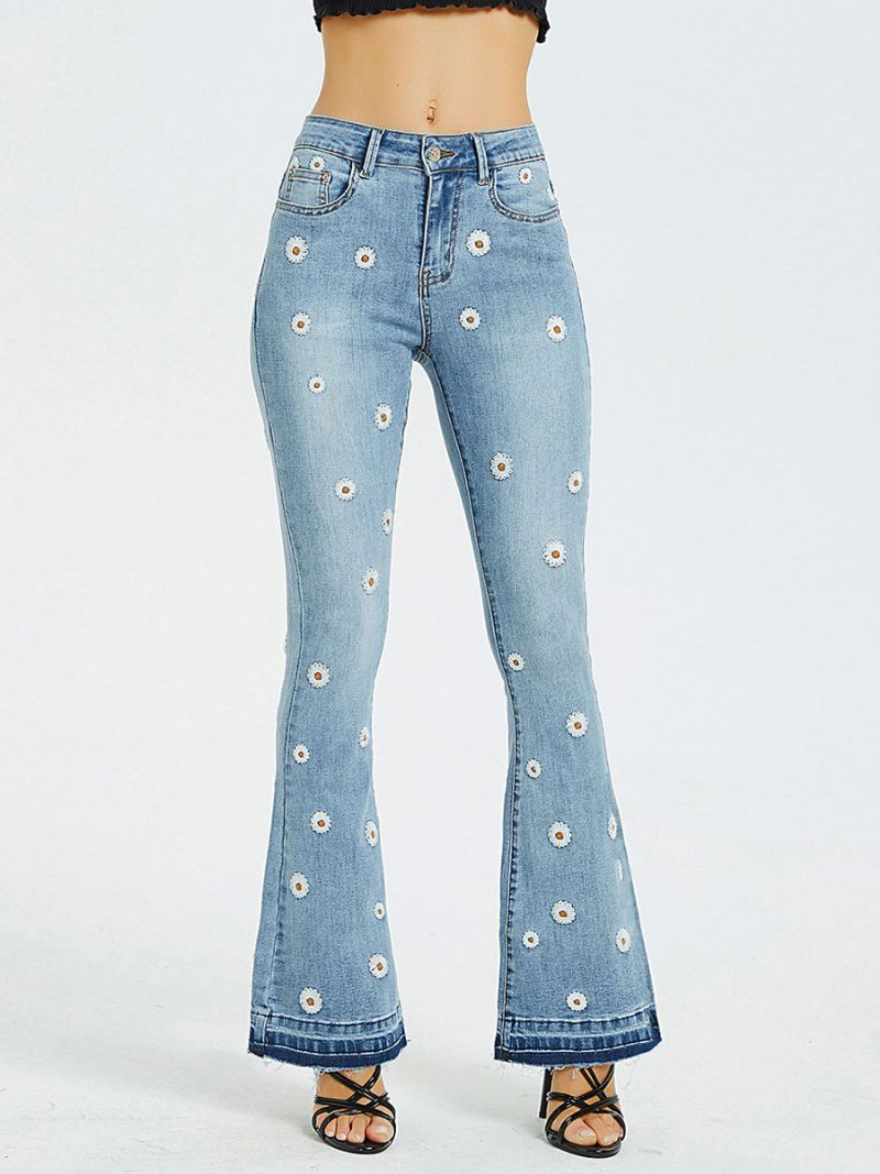 Bootcut-jeans Dames Met Madeliefjes Geborduurde Mid-rise Flare-broeken - Blauw