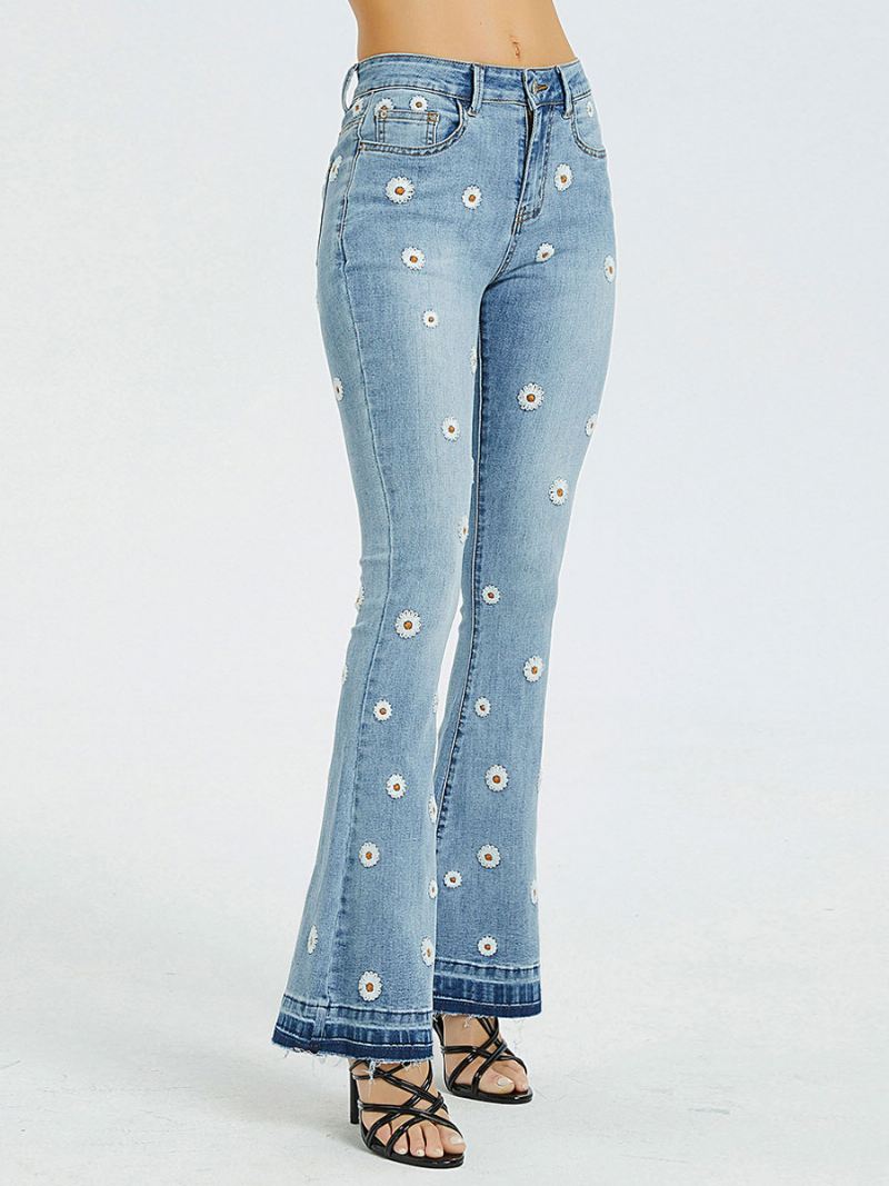 Bootcut-jeans Dames Met Madeliefjes Geborduurde Mid-rise Flare-broeken - Blauw