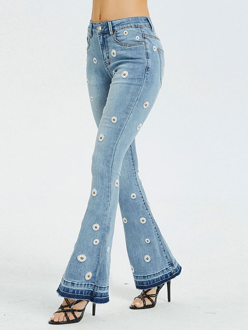 Bootcut-jeans Dames Met Madeliefjes Geborduurde Mid-rise Flare-broeken - Blauw