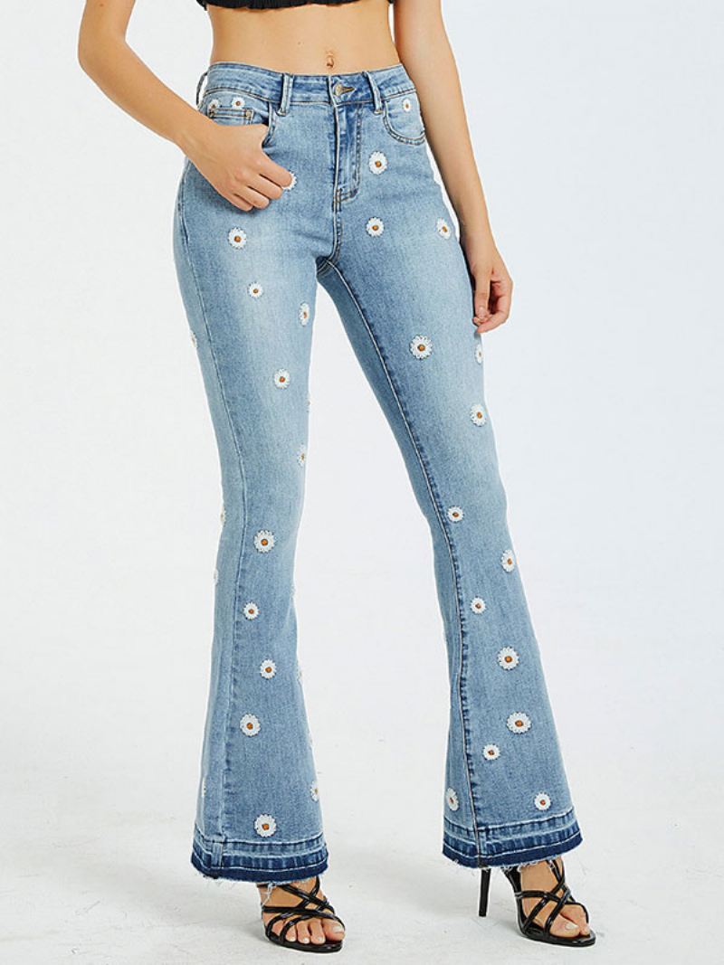 Bootcut-jeans Dames Met Madeliefjes Geborduurde Mid-rise Flare-broeken - Blauw