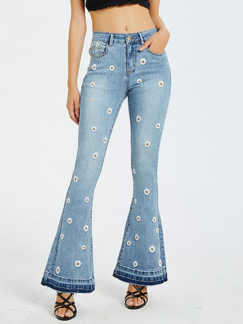 Bootcut-jeans Dames Met Madeliefjes Geborduurde Mid-rise Flare-broeken - Blauw