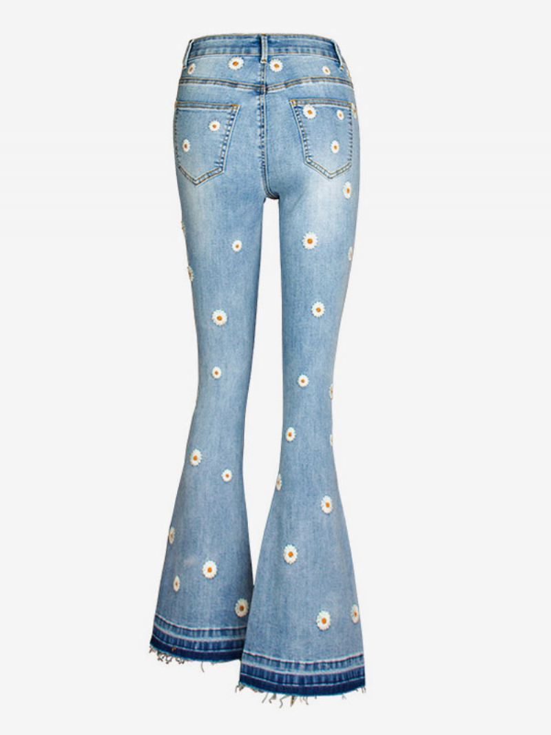 Bootcut-jeans Dames Met Madeliefjes Geborduurde Mid-rise Flare-broeken - Blauw