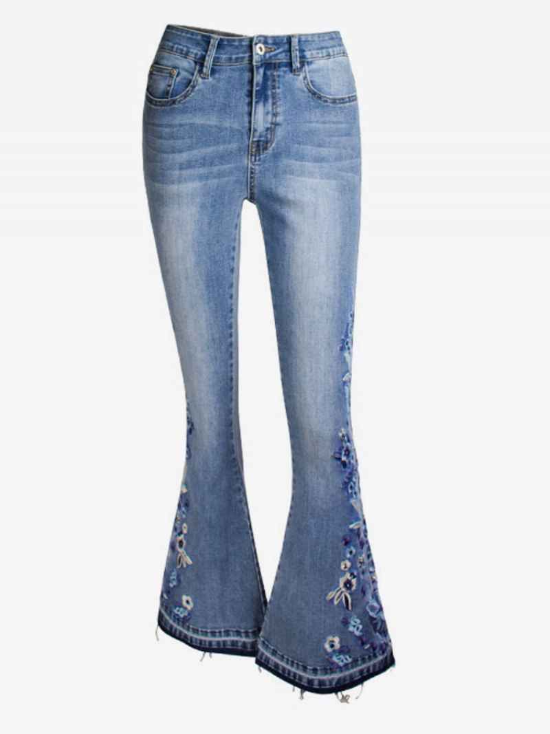 Bootcut Jeans Dames Vintage Geborduurde Mid-rise Flare-broeken - Blauw