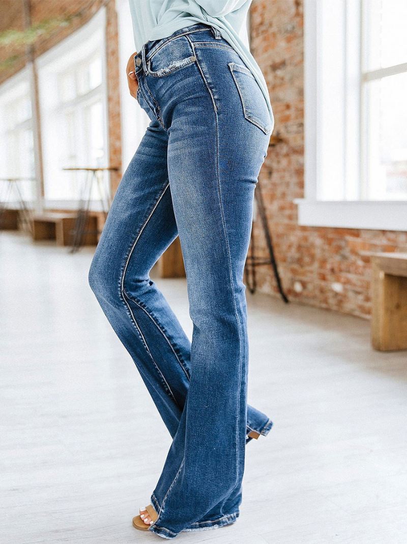 Bootcut Jeans Met Hoge Taille Katoenen Lente Flare-broek Dames - Blauw