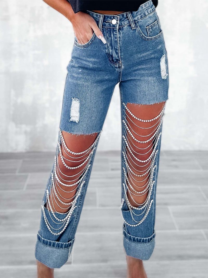 Dames Fringe Jeans Chains Hoge Taille Asymmetrische Nightout Denim Broek